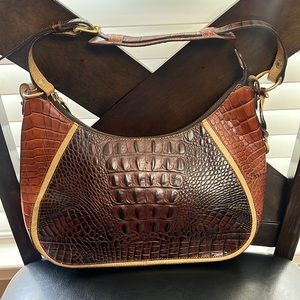 Brahmin, 3 tone leather shoulder bag, dark brown/ medium brown/ cream details